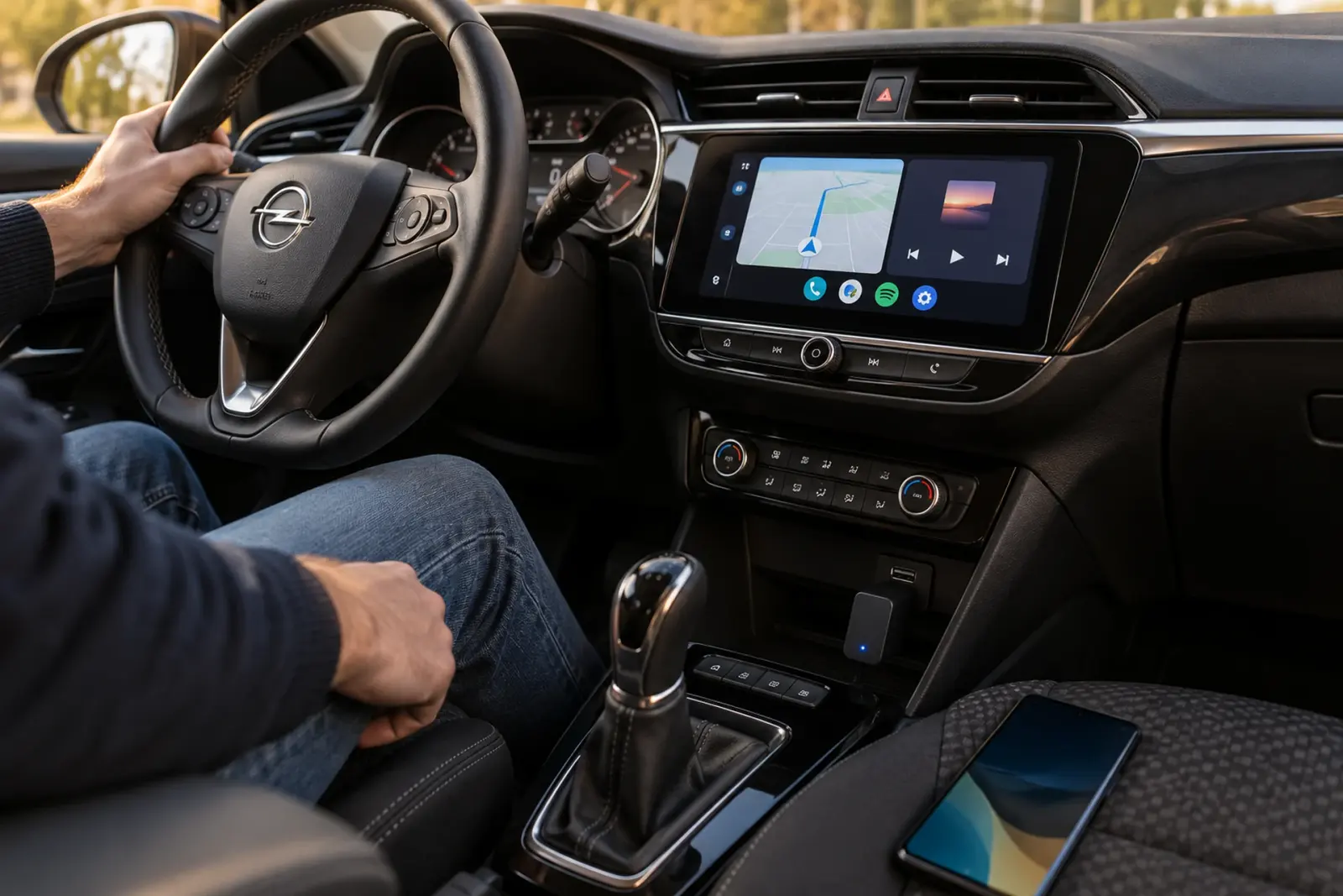Draadloze Android Auto-adapter in de USB-poort van een Opel Corsa in Venlo, met Google Maps op het scherm en de telefoon los op de bijrijdersstoel
