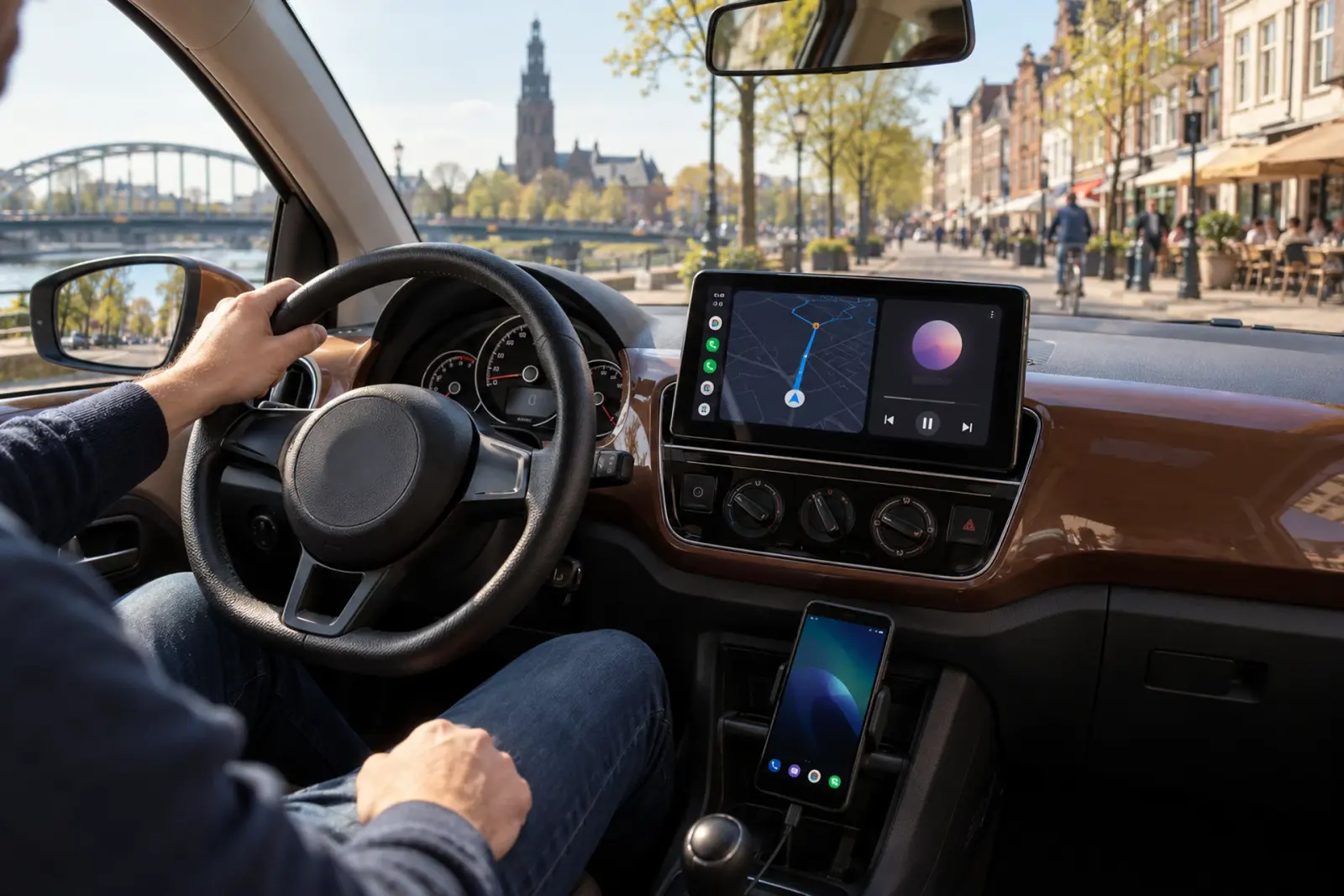 Android Auto bestellen in Venlo: Google Maps en muziek op het touchscreen van een compacte auto, met een rivier, een boogbrug en terrassen in de voorruit