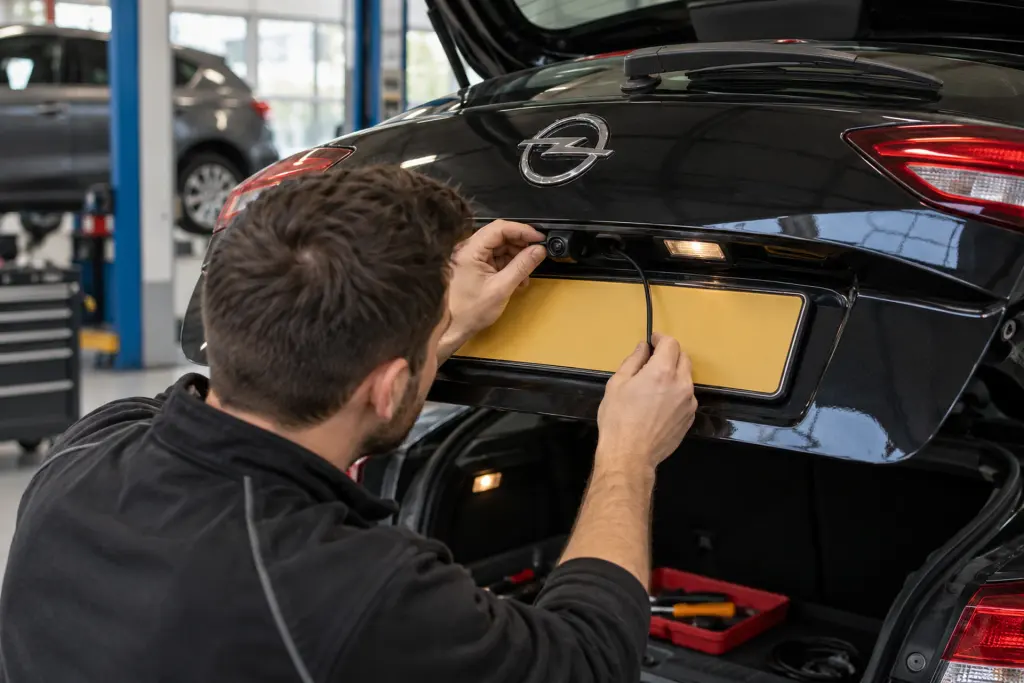 Monteur bevestigt een achteruitrijcamera boven de kentekenplaat van een zwarte Opel voor een klant uit Venlo
