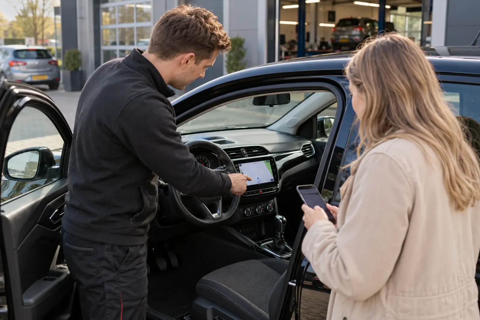 Monteur van de inbouwpartner wijst een klant uit Venlo de navigatie aan op het nieuwe touchscreen van haar zwarte auto bij de ingang van de werkplaats