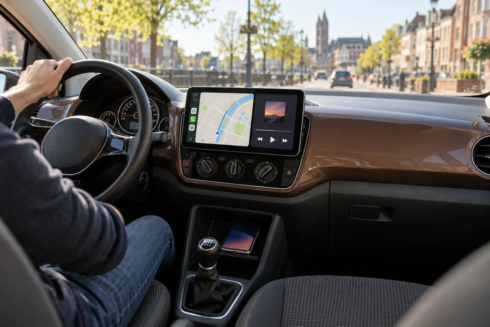 CarPlay bestellen in Venlo: navigatie en muziek op het nieuwe touchscreen in het bruine dashboard van een compacte Volkswagen, met een zonnige stadsstraat en kerktoren in de voorruit