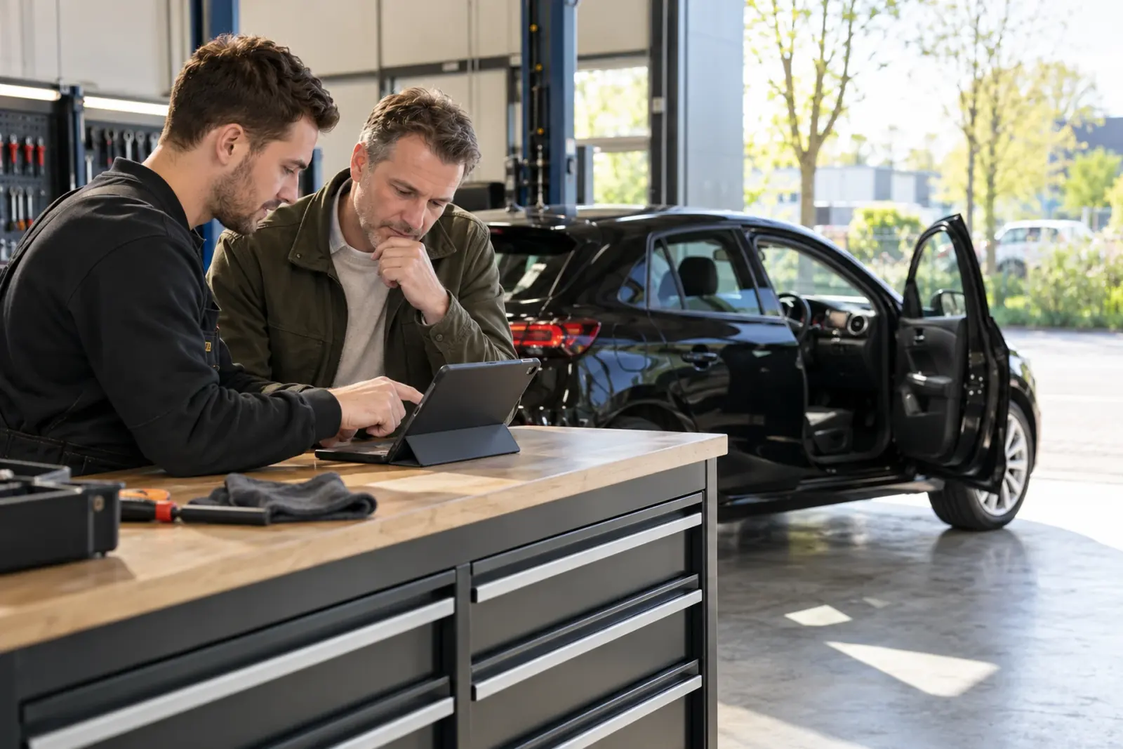 Monteur en klant uit Venlo bekijken samen de offerte op een tablet aan de werkbank van de inbouwpartner, met de zwarte auto van de klant op de achtergrond