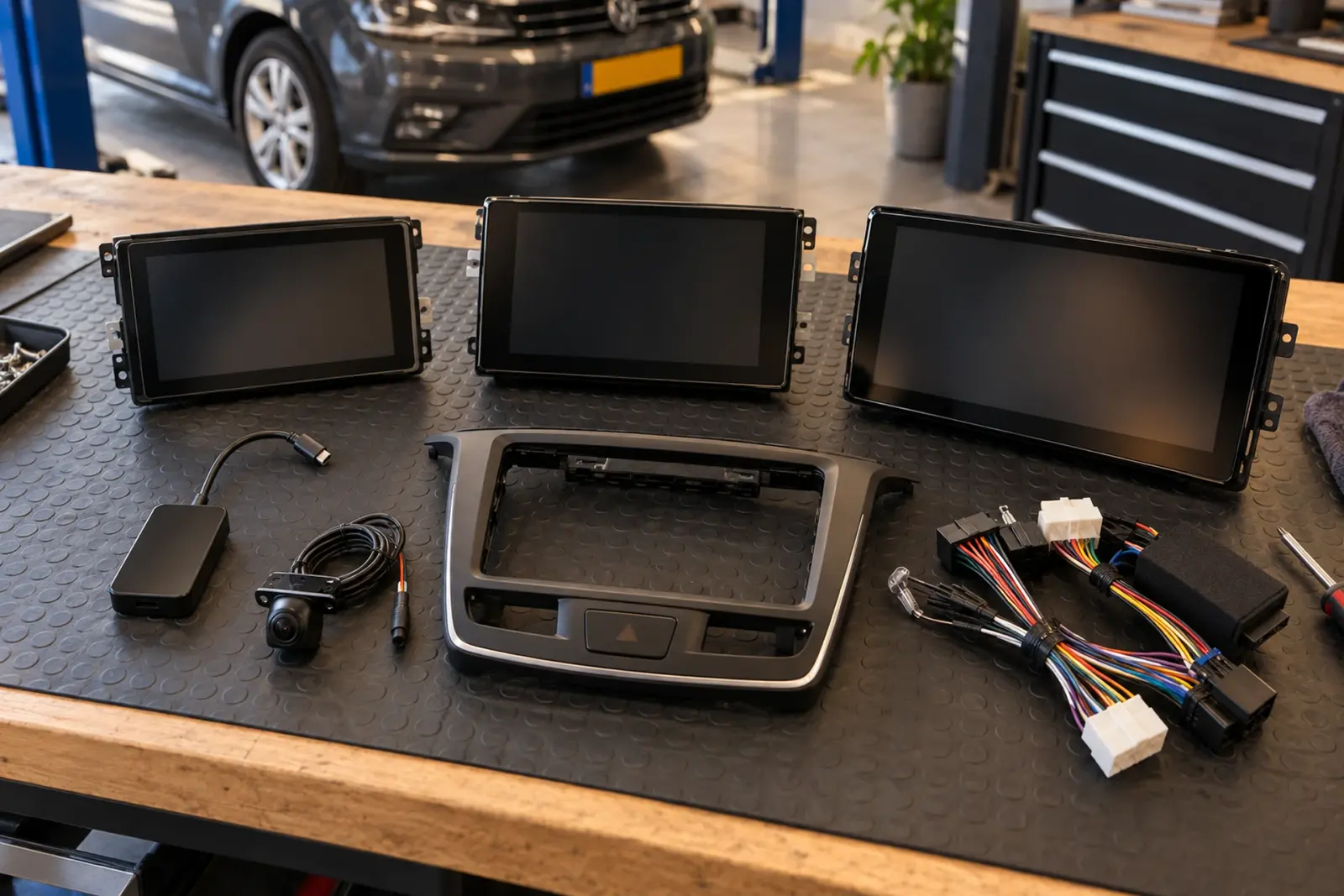 Achteruitrijcamera met kabelset, inbouwframe, kabelboom en touchscreens op de werkbank van de inbouwpartner in regio Venlo