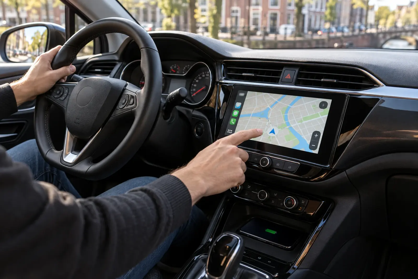 Bestuurder uit Venlo tikt op de kaart van een ingebouwd CarPlay-touchscreen in een zwart dashboard, met water en een brug zichtbaar door de voorruit