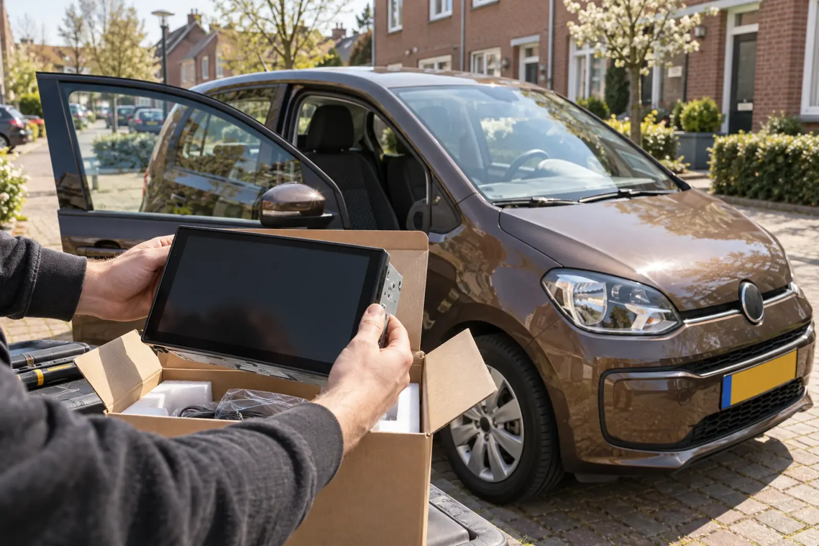CarPlay scherm bestellen in Venlo: nieuw 2-DIN touchscreen wordt uit de doos gehaald naast een bruine Volkswagen up in een woonstraat met bakstenen huizen
