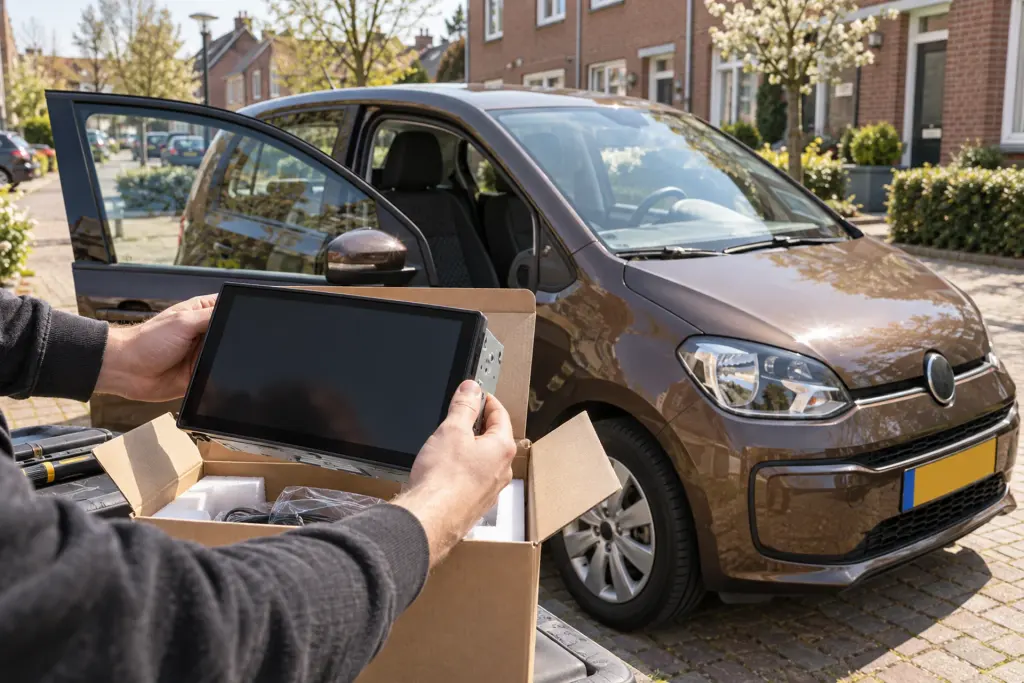 Nieuw 2-DIN touchscreen wordt uit de doos gehaald naast een bruine Volkswagen up in een woonstraat in Venlo