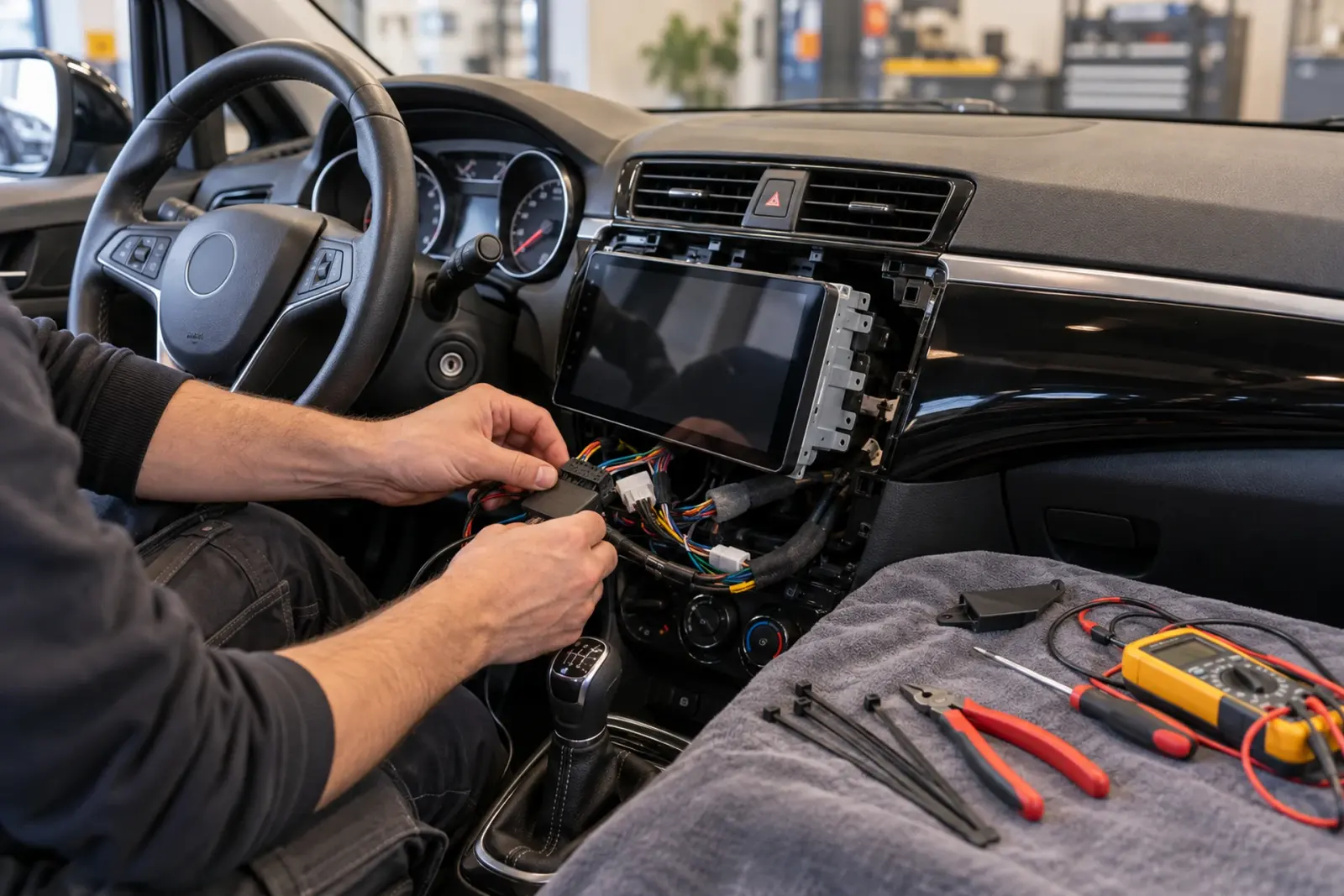 Monteur van de inbouwpartner in regio Venlo sluit de kabelboom en de interface aan achter een nieuw touchscreen in een zwart dashboard, met multimeter en tang op een doek ernaast