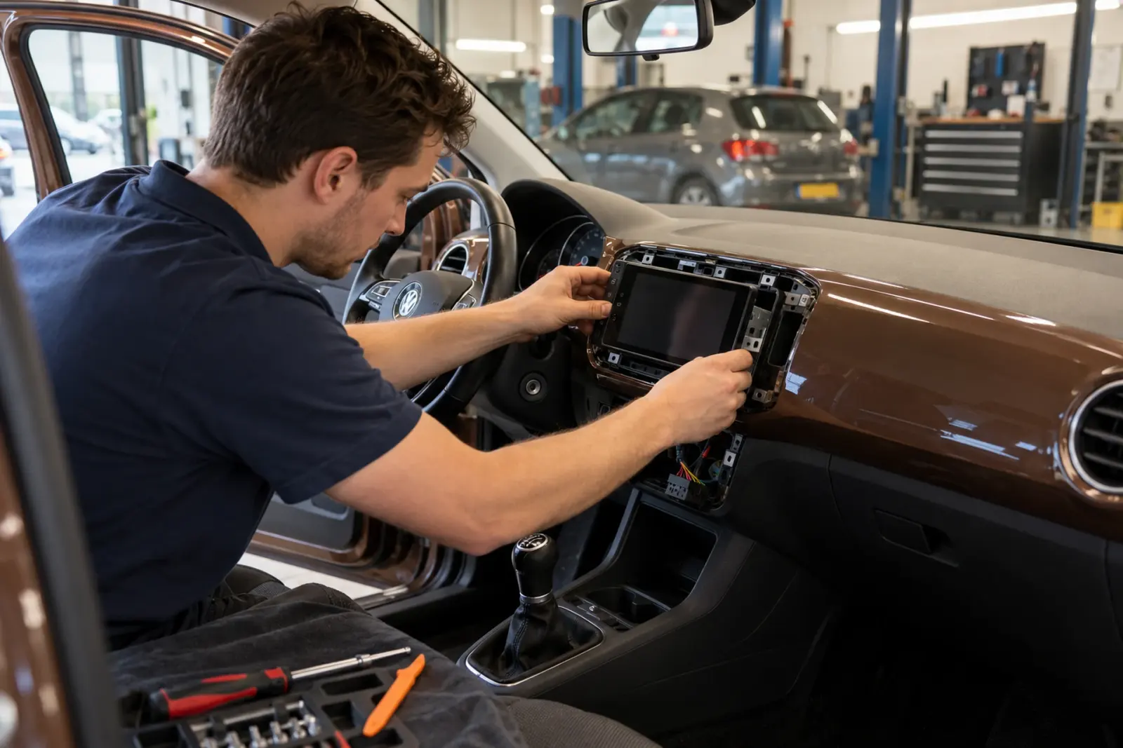 CarPlay scherm inbouwen in Venlo: monteur schuift het nieuwe touchscreen in het bruine dashboard van een Volkswagen up in de werkplaats van de inbouwpartner